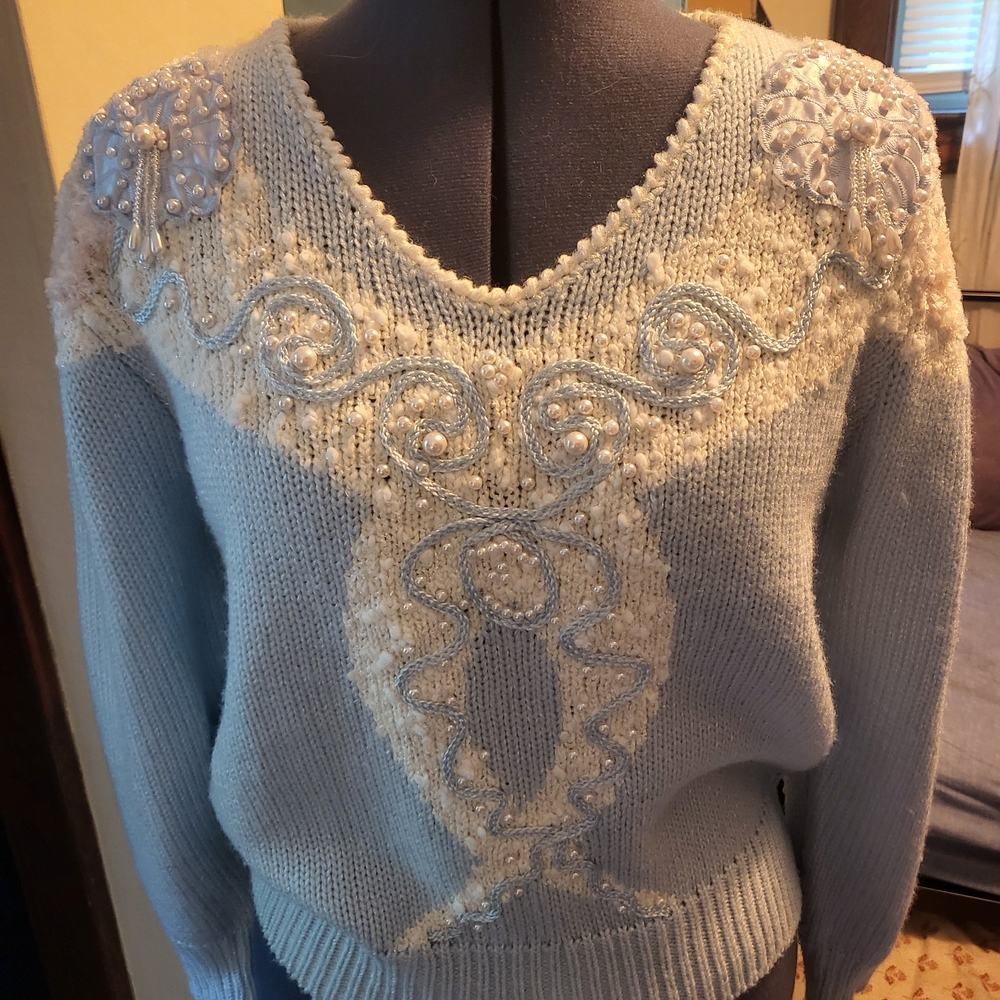 Jaclyn Smith Powder Blue V-Neck Sweater with Embroidery